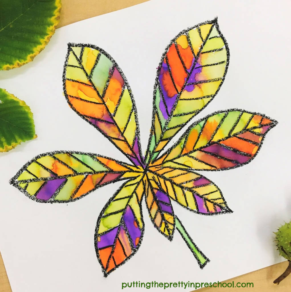 Horse chestnut leaf watercolor resist art project.