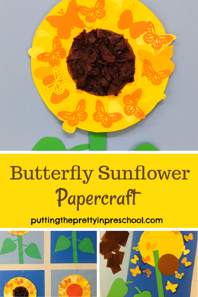 A butterfly sunflower papercraft that is sure to wow. The sunflower head has a scrunched tissue center surrounded by paper butterflies.