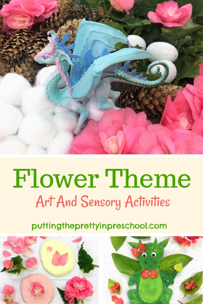 Flower theme art, sensory, and pretend play activities. Early learners will love the winged creatures (dragons, unicorns, and an angel) featured in the theme.