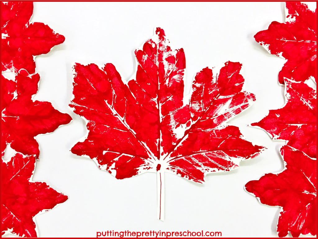 Canadian flag art made with maple leaf paint prints.