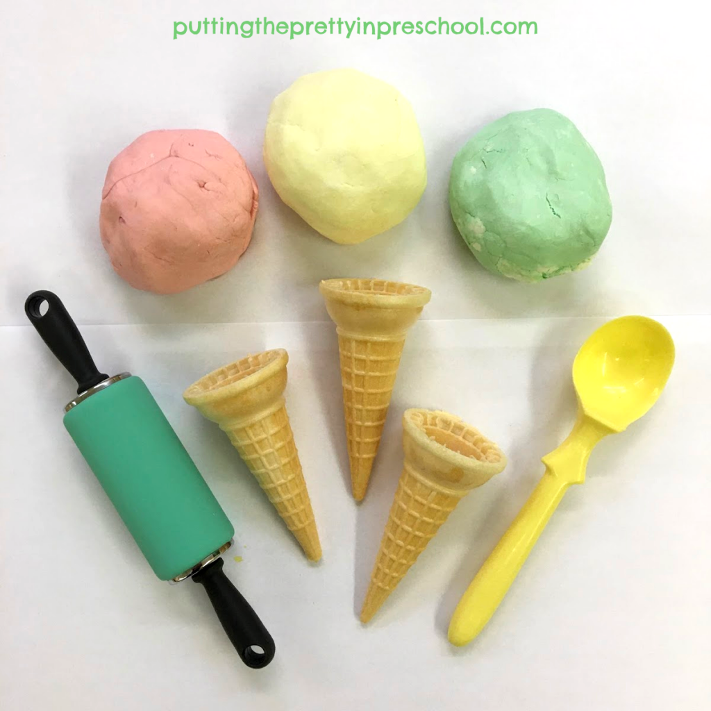 Invitation to create ice cream cones with scented, two-ingredient playdough and accessories.