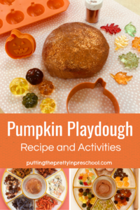 Pumpkin playdough recipe and activities. Pumpkin, squirrel, and dinosaur themed playdough activities.