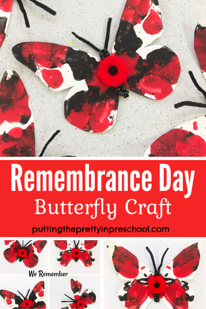 Remembrance Day butterfly craft. Squish painted butterfly accented with beadwork, glitter, and a poppy.