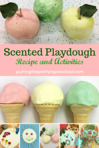 Scented playdough activities with an easy to make, two-ingredient recipe. Three dough variations and six sensory play invitations are featured.