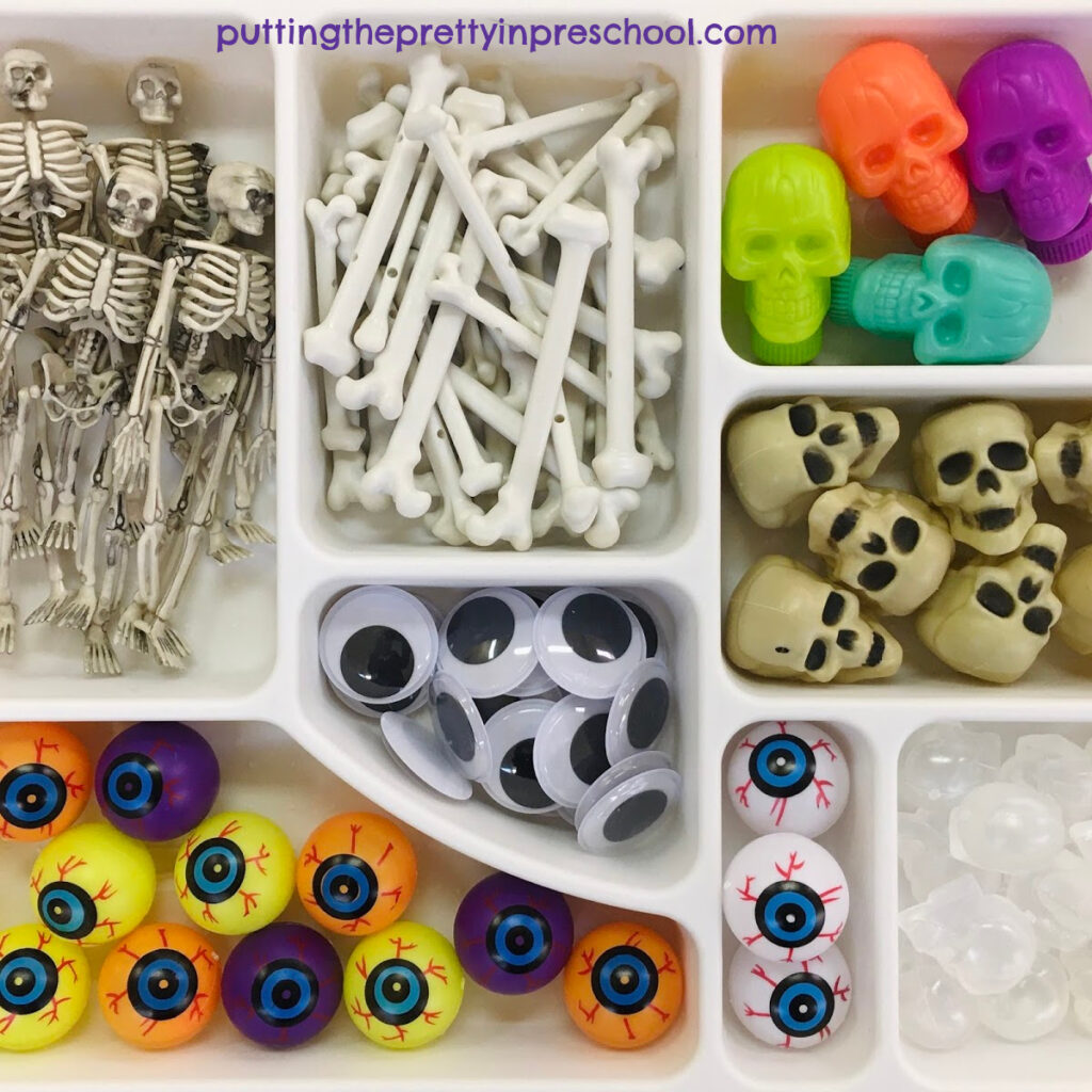 Skeleton and eyeball loose parts ready for sensory play.