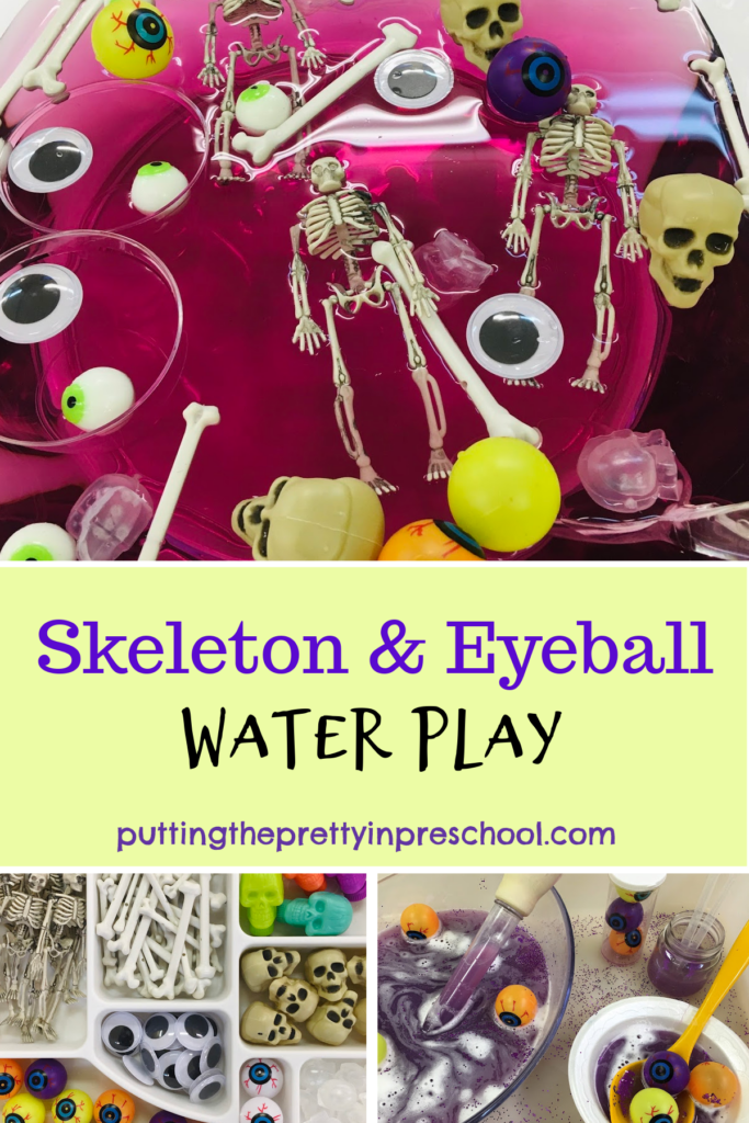 Oh, so fun skeleton and eyeball water play activities with eyeballs, wiggly eyes, skulls, bones, and skeletons. .