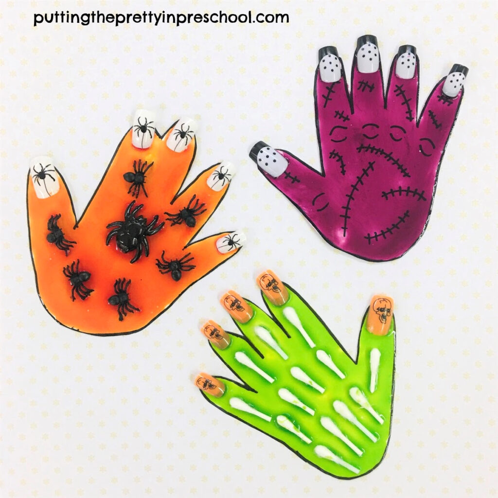 Spooky hand art using shiny, taste-safe paint and spider and skeleton-themed loose parts.