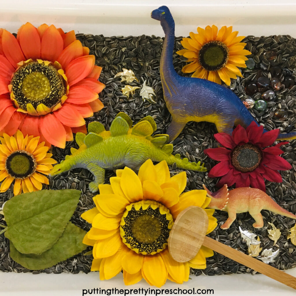 Easy to put together sunflower seed sensory bin with sunflowers and dinosaurs.