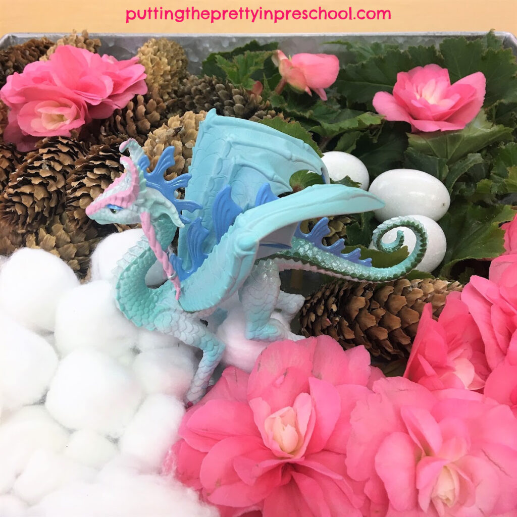 Three seasons sensory tub with pine cones, begonia leaves and flowers, and cotton ball snow. A dragon and stone eggs complete the tub