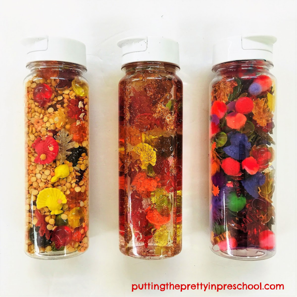 Three "Spot The Turkey" sensory tubes. Split pea and lentil base, glitter water base, and craft material base sensory tube ideas.