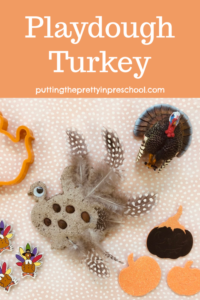Easy to make playdough turkey. Feathers, espresso beans, and a wiggly eye complete the bird.