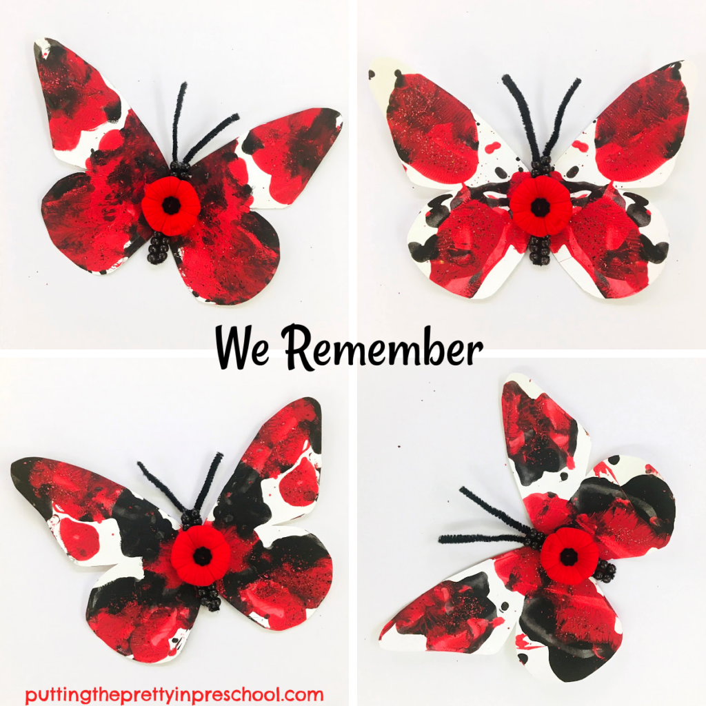 "We Remember" butterfly craft for Remembrance Day. Squish painted butterfly accented with beadwork, glitter, and a poppy.