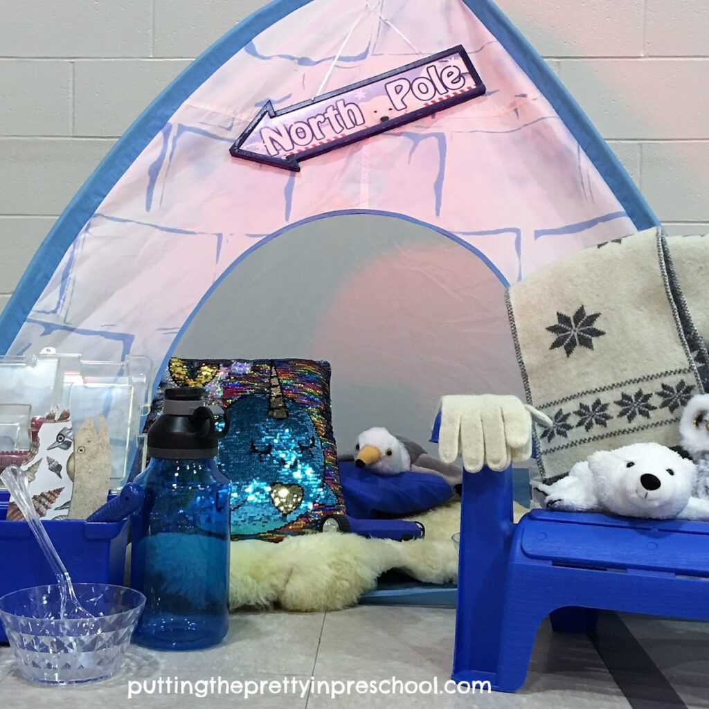 Arctic dramatic play center with polar animals and glam accessories.