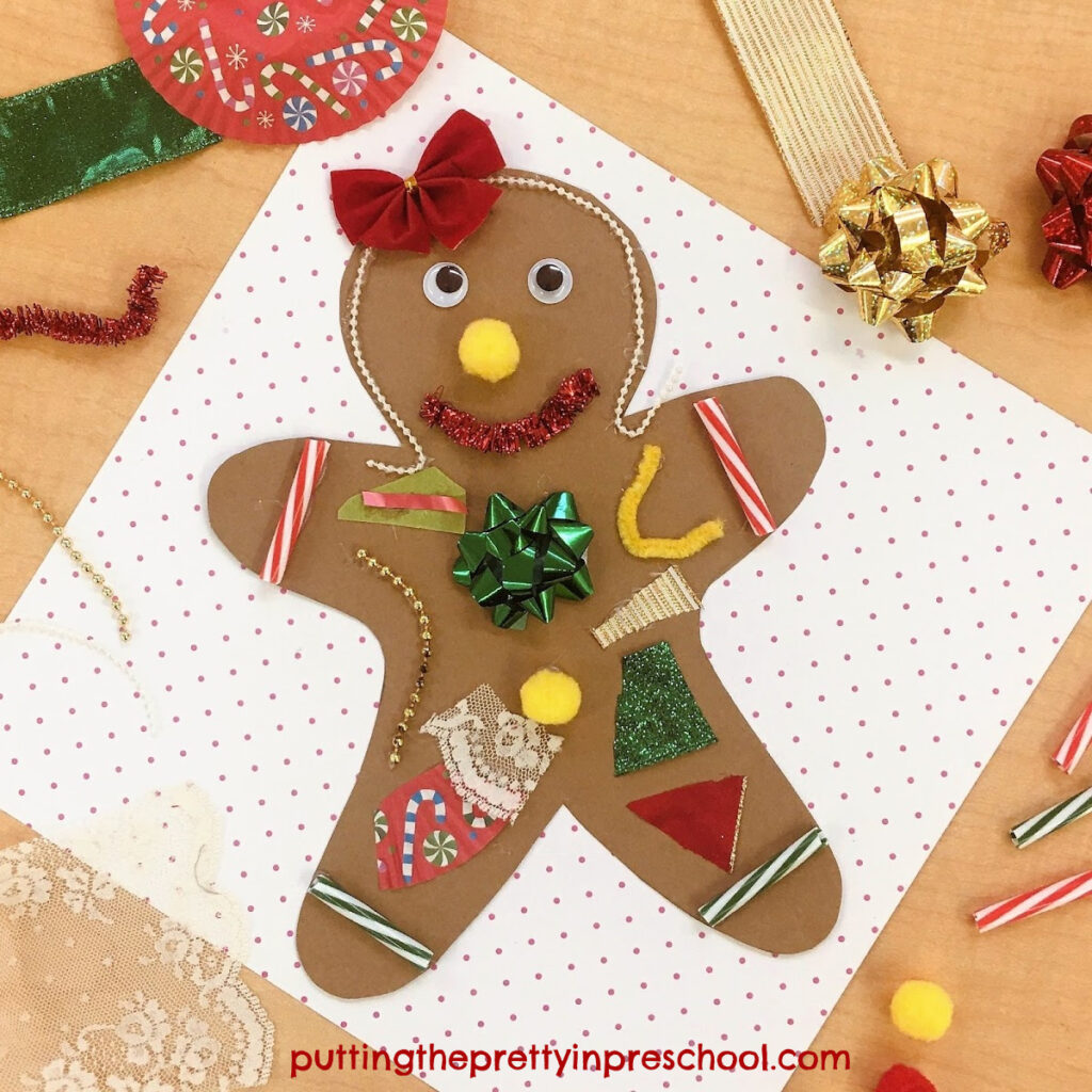 Paper gingerbread man craft. Children practice scissor skills while decorating the gingerbread man with Christmas-themed craft supplies.