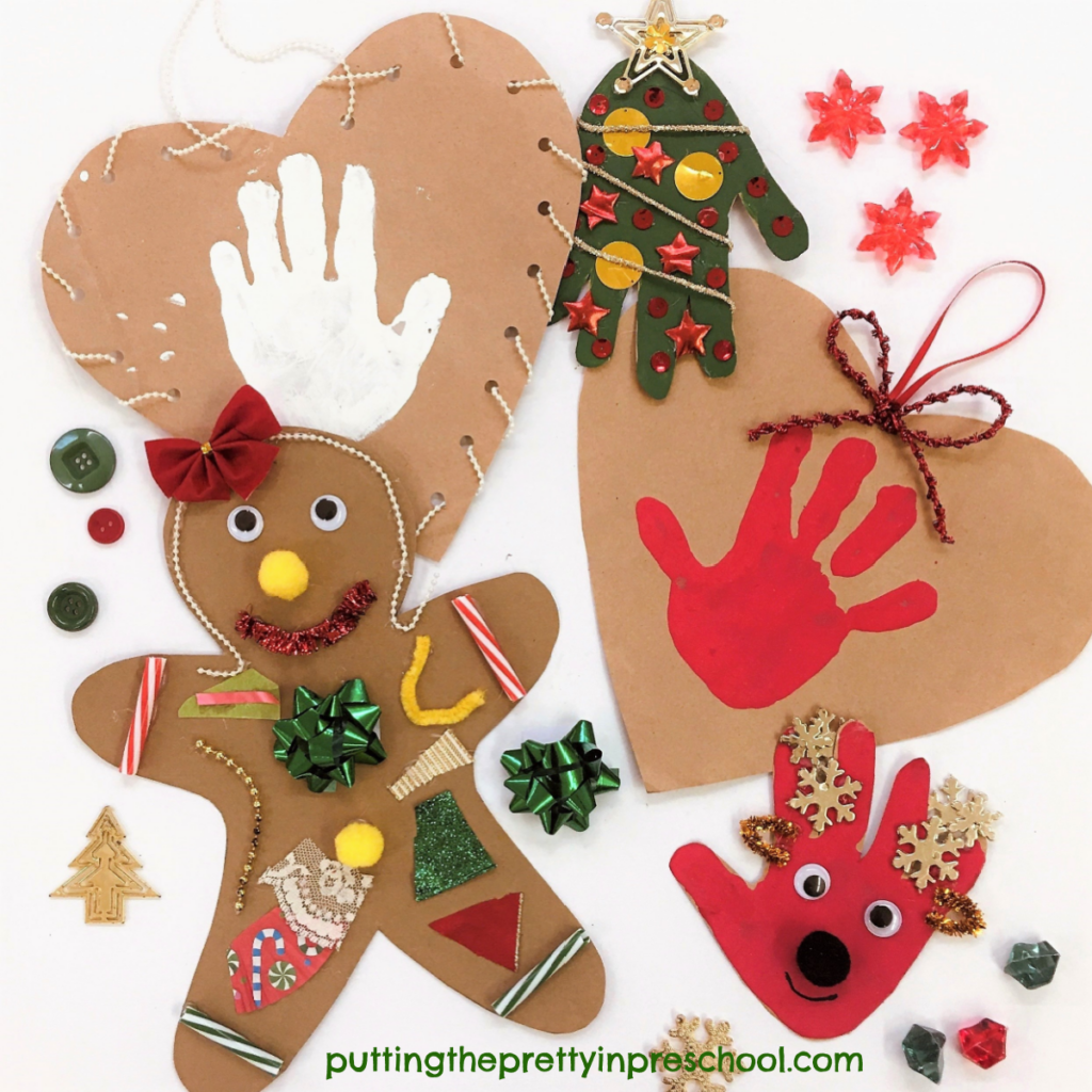 Handprint Christmas craft projects using paper bags as a base.