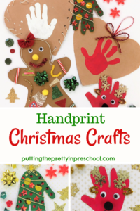 Heart-tugging handprint Christmas crafts using paper bags as a base. Featured are heart, Christmas tree, reindeer, and fish ornament crafts.