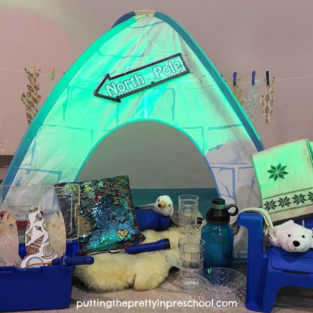 Igloo pretend play center with polar animals and glam accessories.