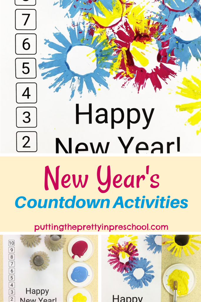 Art and math New Year's countdown activities. Printmaking with fringed toilet rolls, collage art, and number matching opportunities.