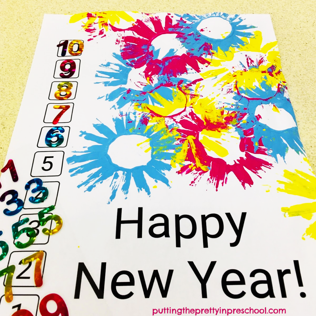 New Year's countdown printmaking and number matching printable.