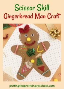 Gingerbread man craft with scissor skill opportunities. Christmas-themed craft supplies are used to decorate the kraft paper gingerbread man.