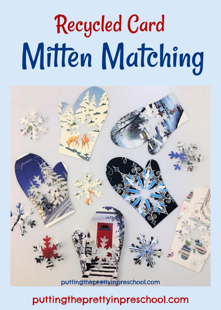 Mitten and snowflake matching math activity using recycled cards.
