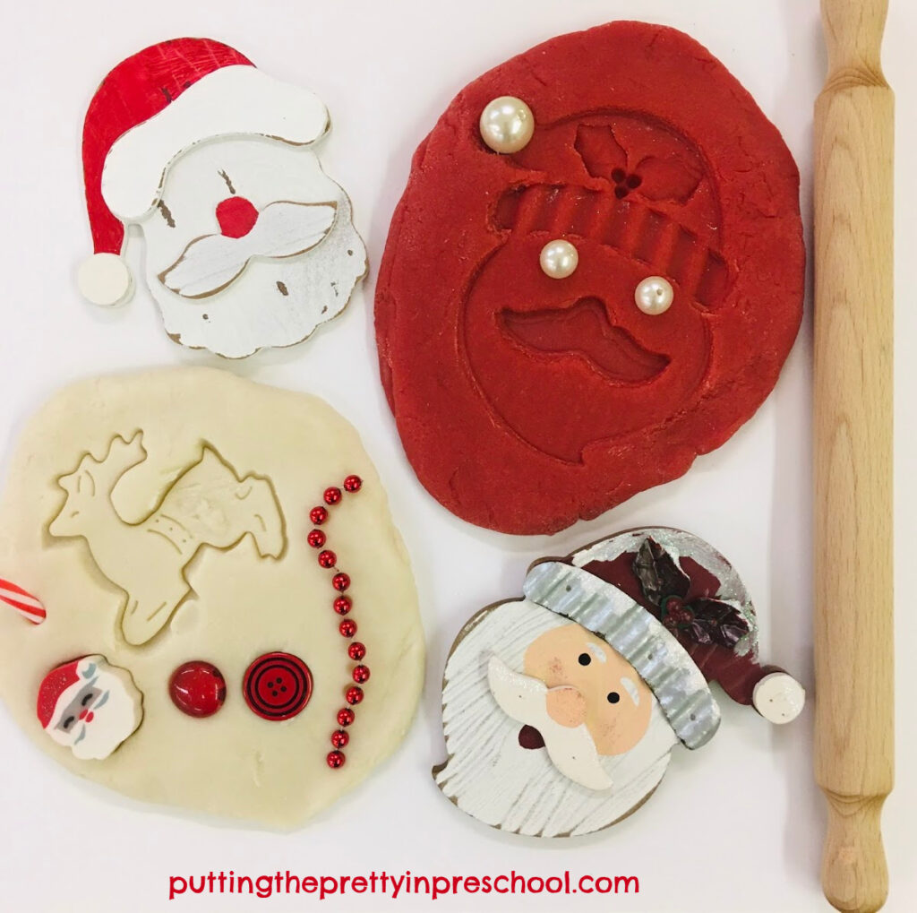 Santa Claus playdough invitation with white and deep cherry red dough.