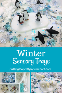 Snowflake confetti rules in these three winter sensory trays featuring polar bears, penguins, and shiny accessories.