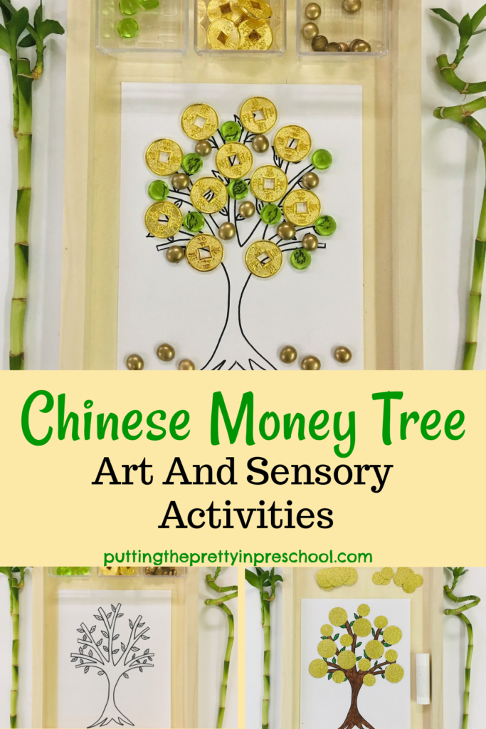 Easy to do, creative Chinese money tree activities that give early learners a chance to use shiny gold coins and loose parts in art and sensory play while learning about a world-renowned celebration.
