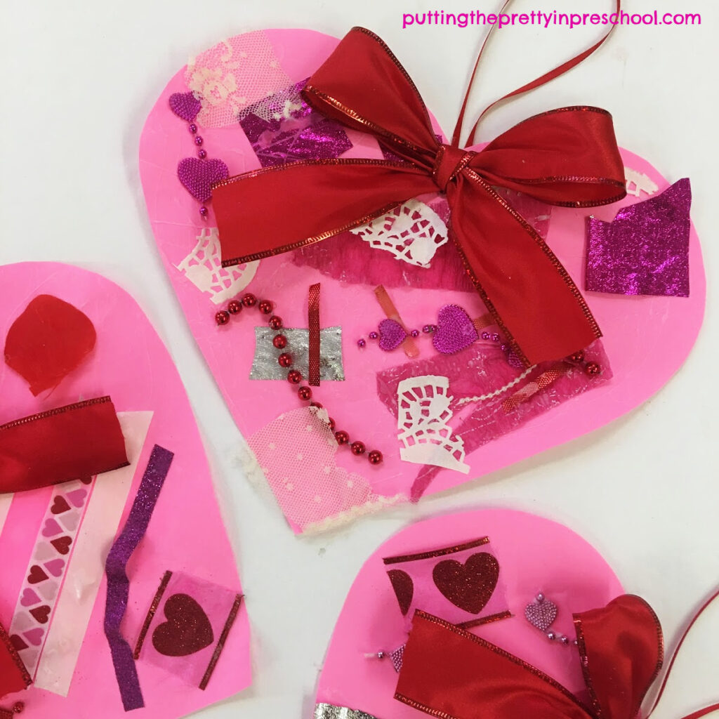 Scissor skill heart collage projects made by cutting and glueing luxurious craft supplies.