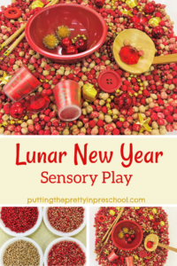 Lunar New Year sensory tub with red and gold accessories in a dyed chickpea base.