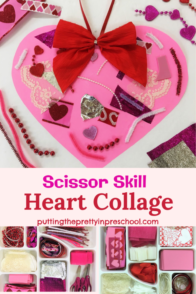 Scissor skill heart collage projects give early learners a chance to strengthen finger muscles and explore luxurious craft supplies.