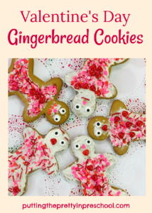 Candy hearts and red, pink, and white sprinkles adorn these Valentine's Day gingerbread cookies. An all-ages activity to do.