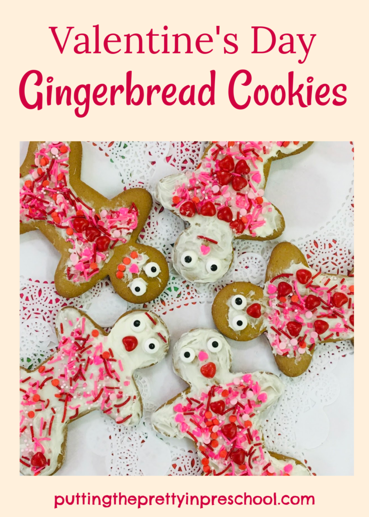 Candy hearts and red, pink, and white sprinkles adorn these Valentine's Day gingerbread cookies. An all-ages activity to do.