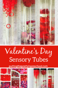 Valentine's Day sensory tubes with red, purple, and pink loose parts. These tubes are perfect for float and sink experimentation.