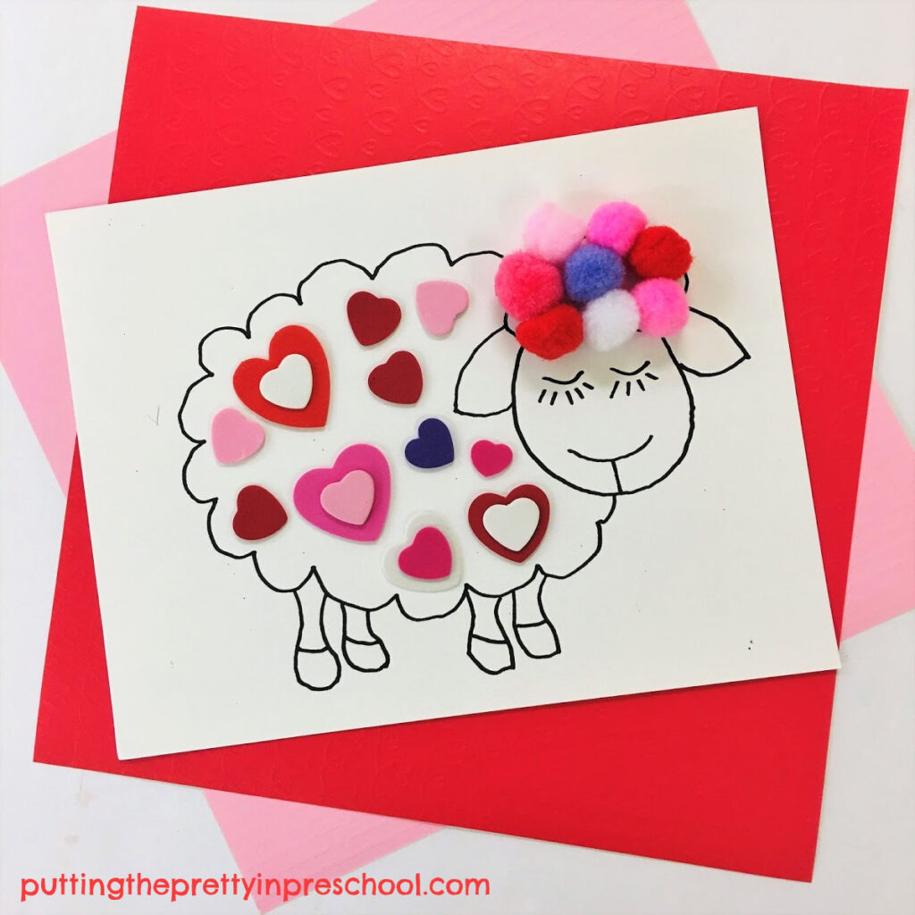 Cute woolly sheep craft for Valentine's Day. Free printable included.