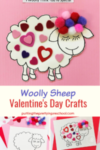 Soft and dreamy woolly sheep Valentine's Day crafts decked with hearts and pompoms. The crafts make heart-tugging keepsakes.