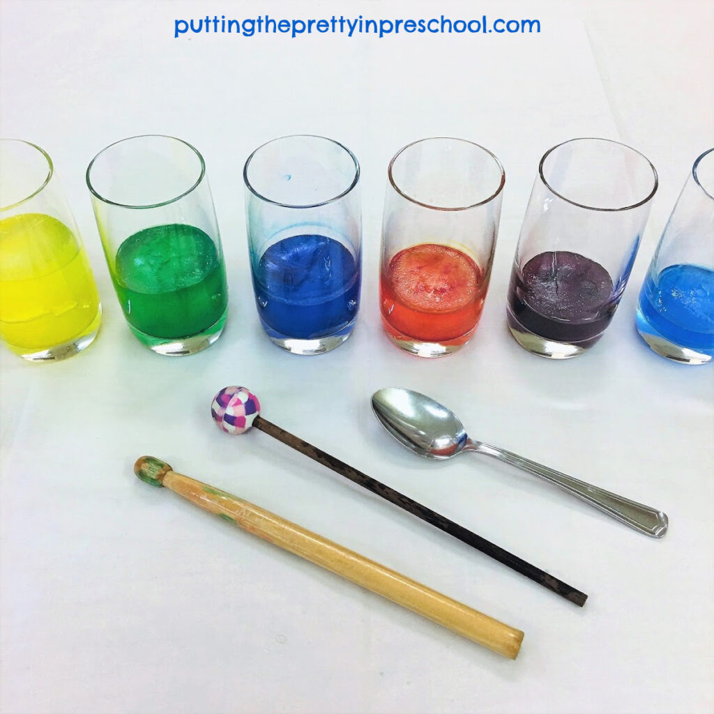 An easy to prepare frozen water xylophone for music exploration.