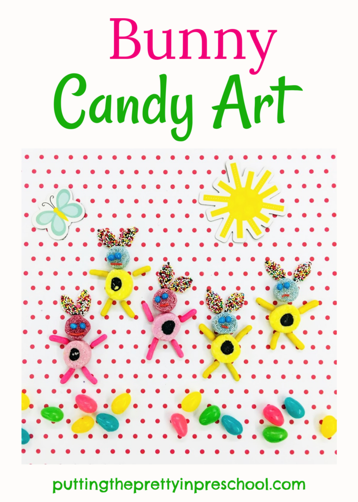 Fun bunny candy art activity with assorted sweets. A happy hoppy food collage project the whole family will enjoy participating in.