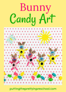 Fun bunny candy art activity with assorted sweets. A happy hoppy food collage project the whole family will enjoy participating in.