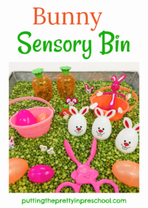 This naturally colored split-pea-based bunny sensory bin means no dyeing ingredients are needed.