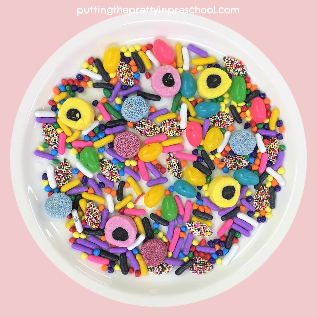 An assortment of candies for a colorful candy art project or a candy tasting activity.