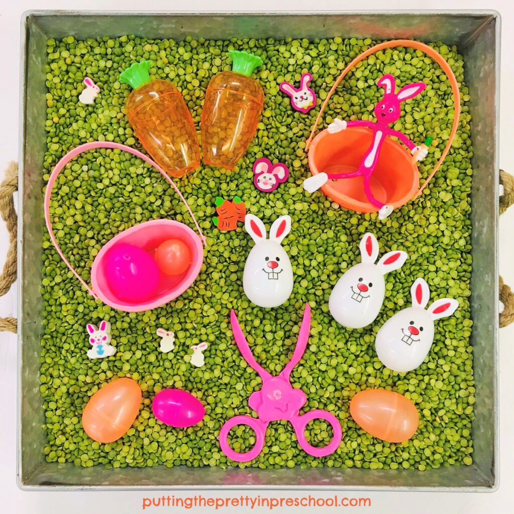 This naturally colored split-pea-based Easter bunny and egg sensory bin means no dyeing ingredients are needed.