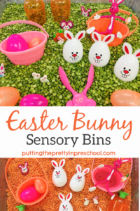Fun Easter bunny sensory bins featuring two different brightly colored bases. The simple color change gives early learners variety in sensory play.