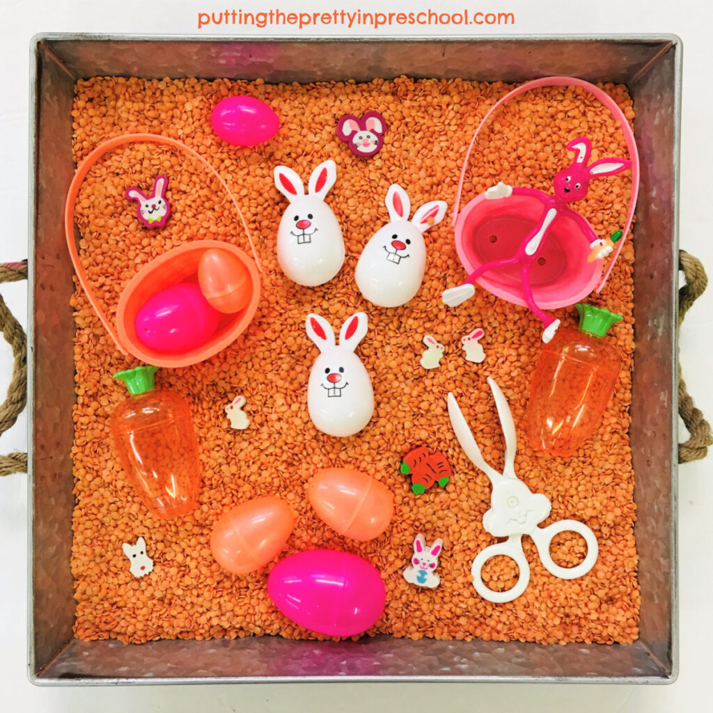 This naturally colored split-lentil-based Easter bunny sensory bin means no dyeing ingredients are needed