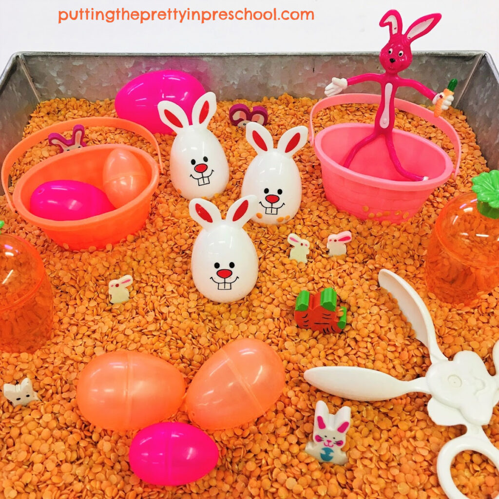 This naturally colored split-lentil-based bunny sensory bin means no dyeing ingredients are needed.