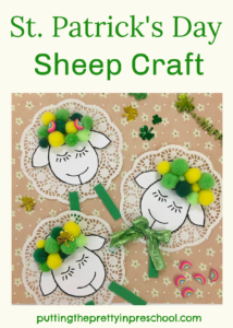Oh, so cute pompom and doily sheep craft for St. Patrick's Day or spring.