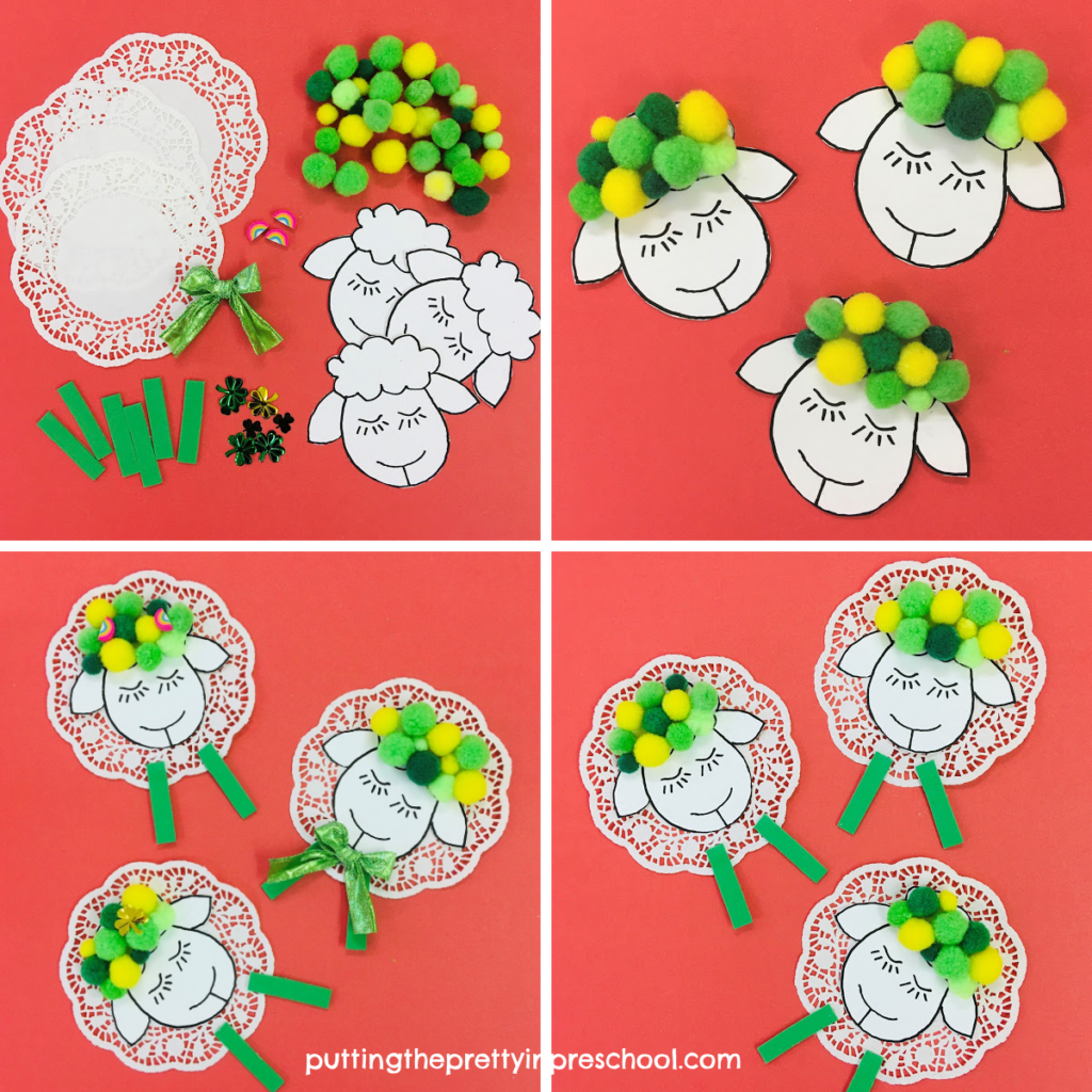 Craft steps to make pompom and doily St. Patrick's Day sheep.