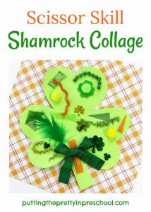 Scissor skill collage art activity, Invitation to cut textured craft supplies to decorate a shamrock.