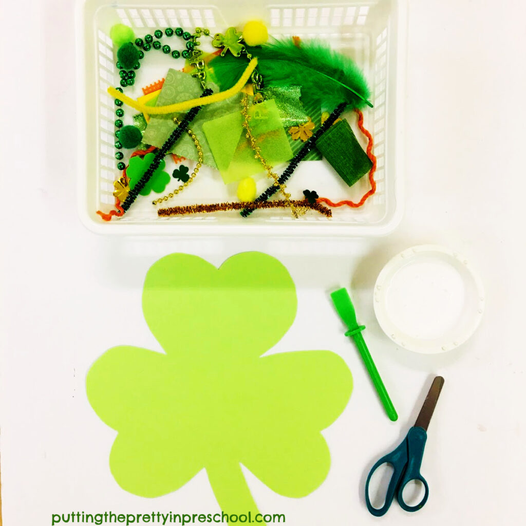 Invitation to cut and paste textured craft supplies to decorate a shamrock.