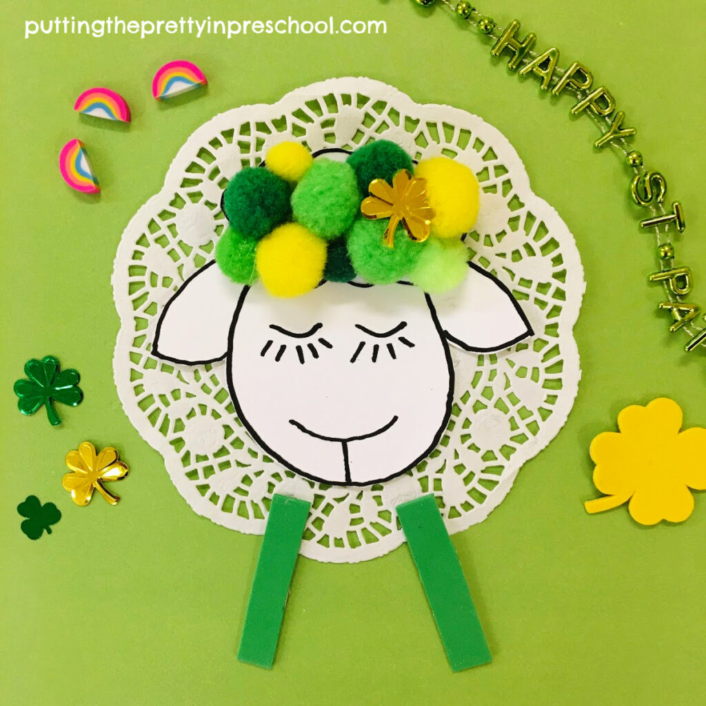 A cute sheep craft perfect for St. Patrick's Day or spring.